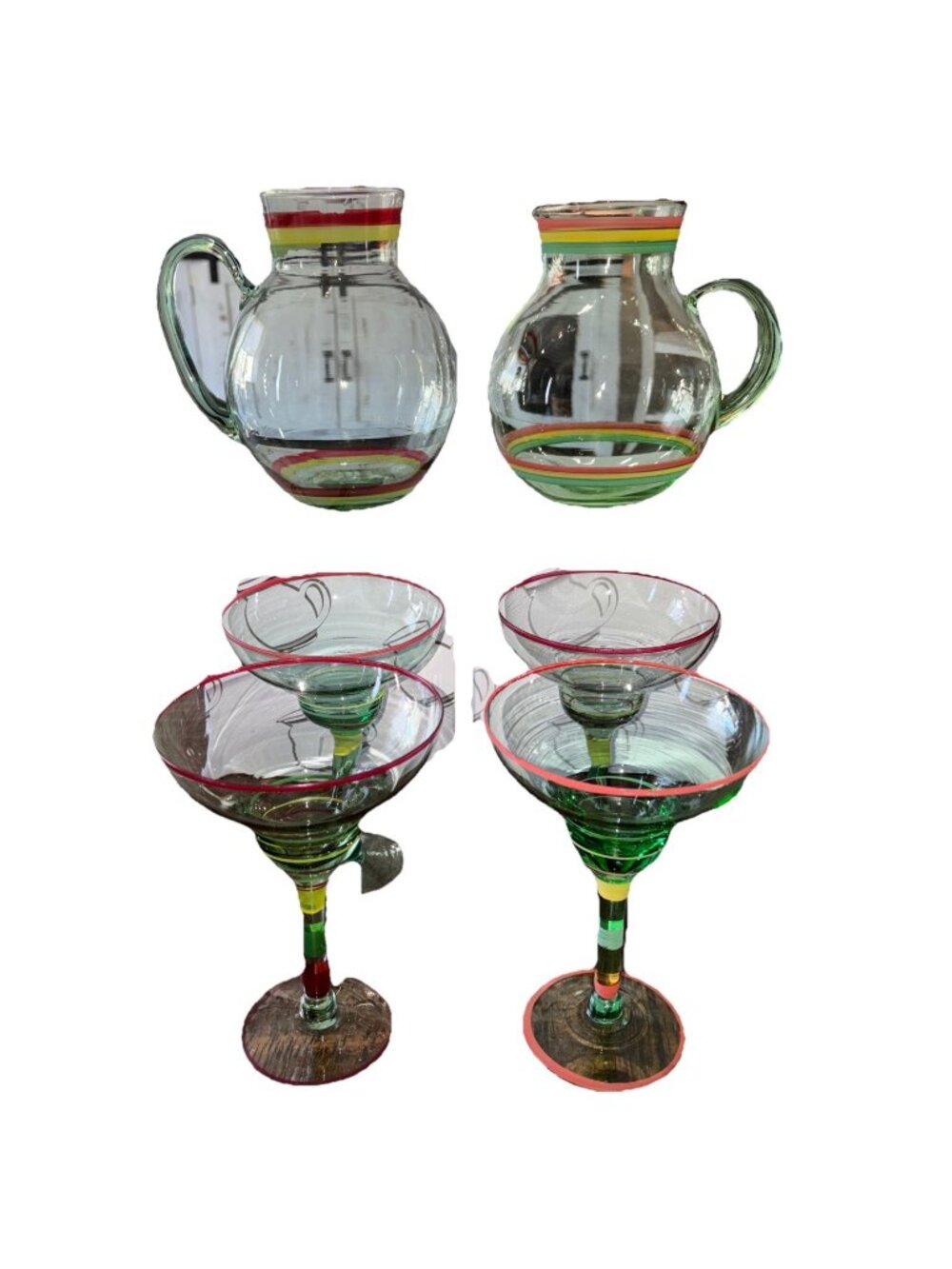 2-Handblown Mexican Margarita Fiesta Sets w/2 Pitchers & 4 Colorful Glasses-read